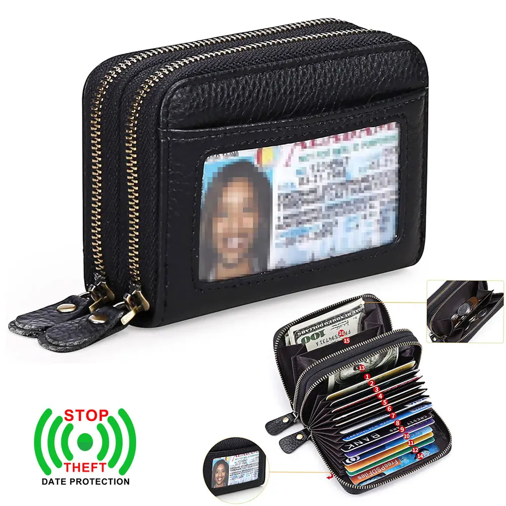Ciephia Women's RFID Blocking Wallet - Slim Top-Grain Cowhide Credit Card Holder with Zipper Closure, Multiple Card Slots, Coin Pocket, Compact Black Genuine Leather Wallets for Women, Durable Wallet