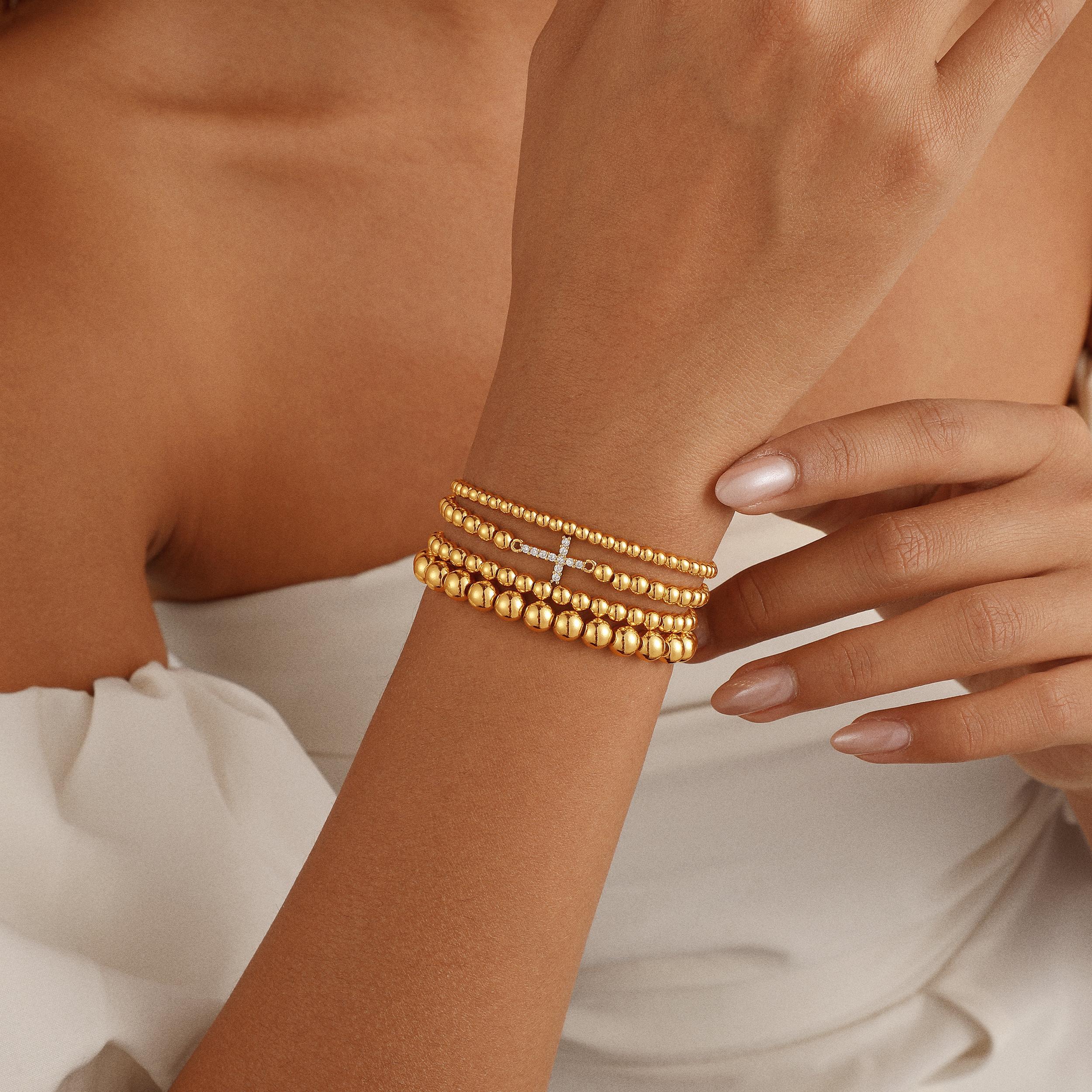 CAROVO Gold Beaded Bracelets Set for Women - Valentines Gifts for Her 14k Gold-Plated Dainty Round Bead Cross Bracelet for Women Gifts Stackable Bracelet Jewelry 4 PCS