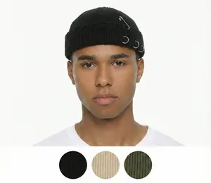 Knitted Skully Beanie by High Level HL Ripped Distressed with Rings and Safety Pin - Beige/Army Green/Black skull beanie Stylish Hat Upside Down Hat Tombstone Hat