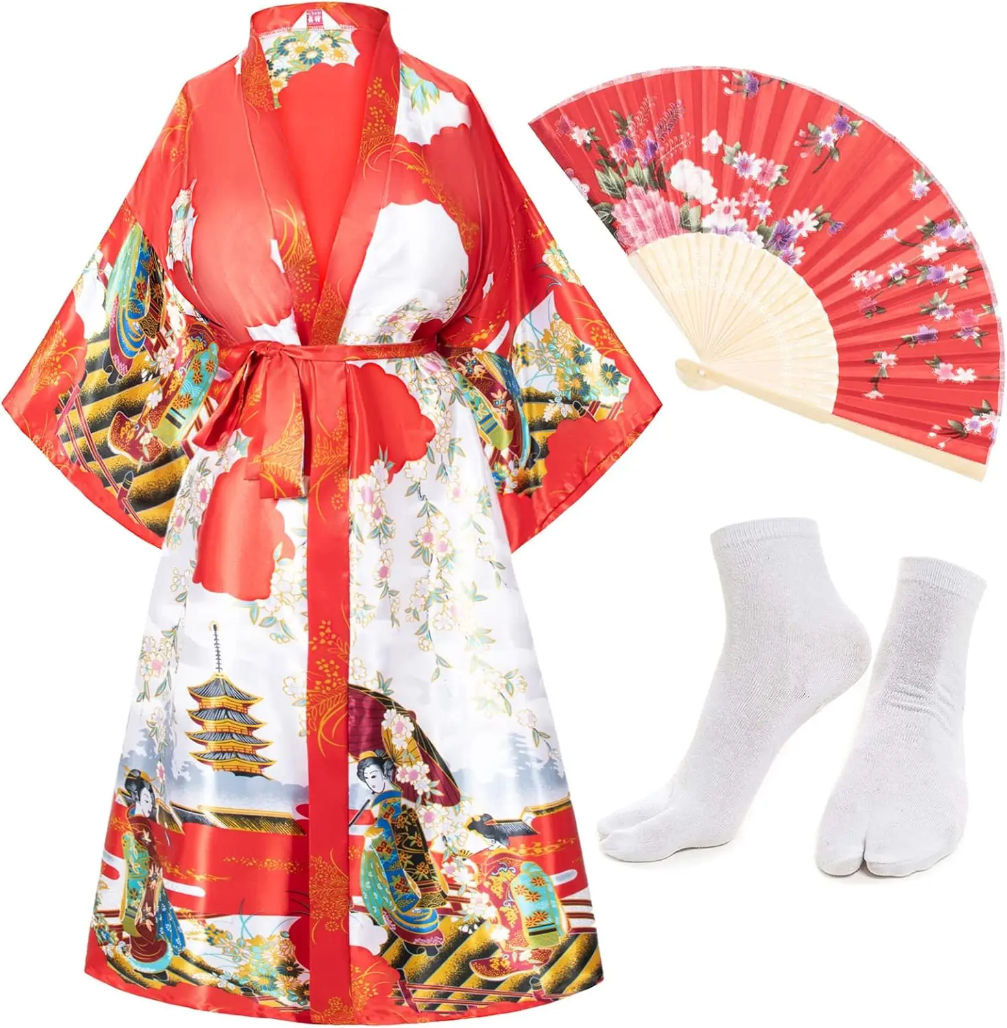 Women's Silky Satin Flower Printed Lightweight Belted Kimono Cardigan Set with Lingerie, Yukata Cloak, Bathrobe Tops, Casual Fans & Tabi Socks