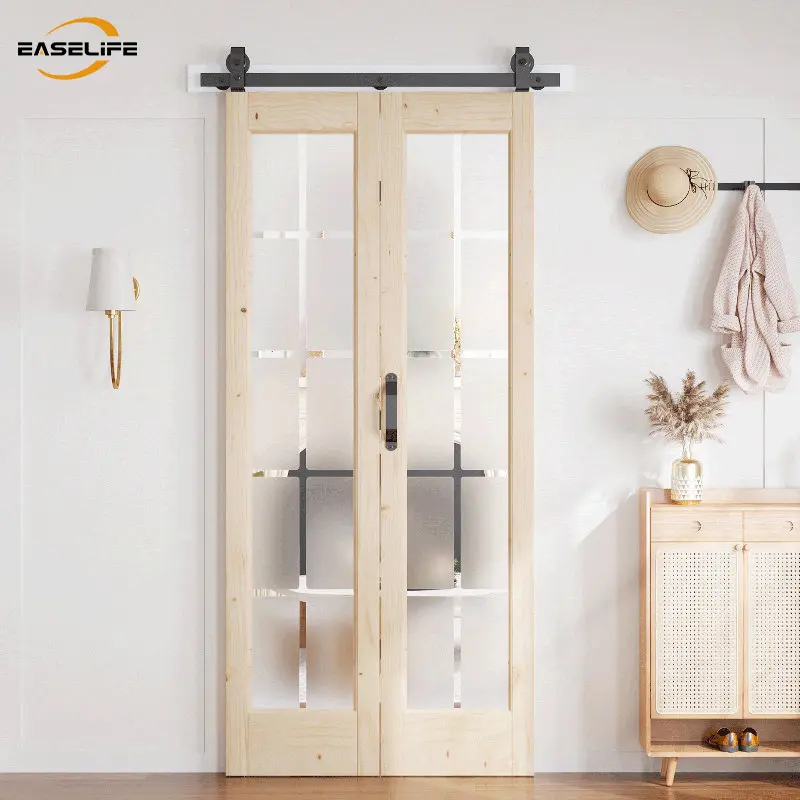 Easelife Exterior French Style Barn Folding Door - 10-Lite Divided Frosted Glass Panels, Natural Wood, Includes Hardware & Sliding Components for Laundry, Contemporary Interior Design