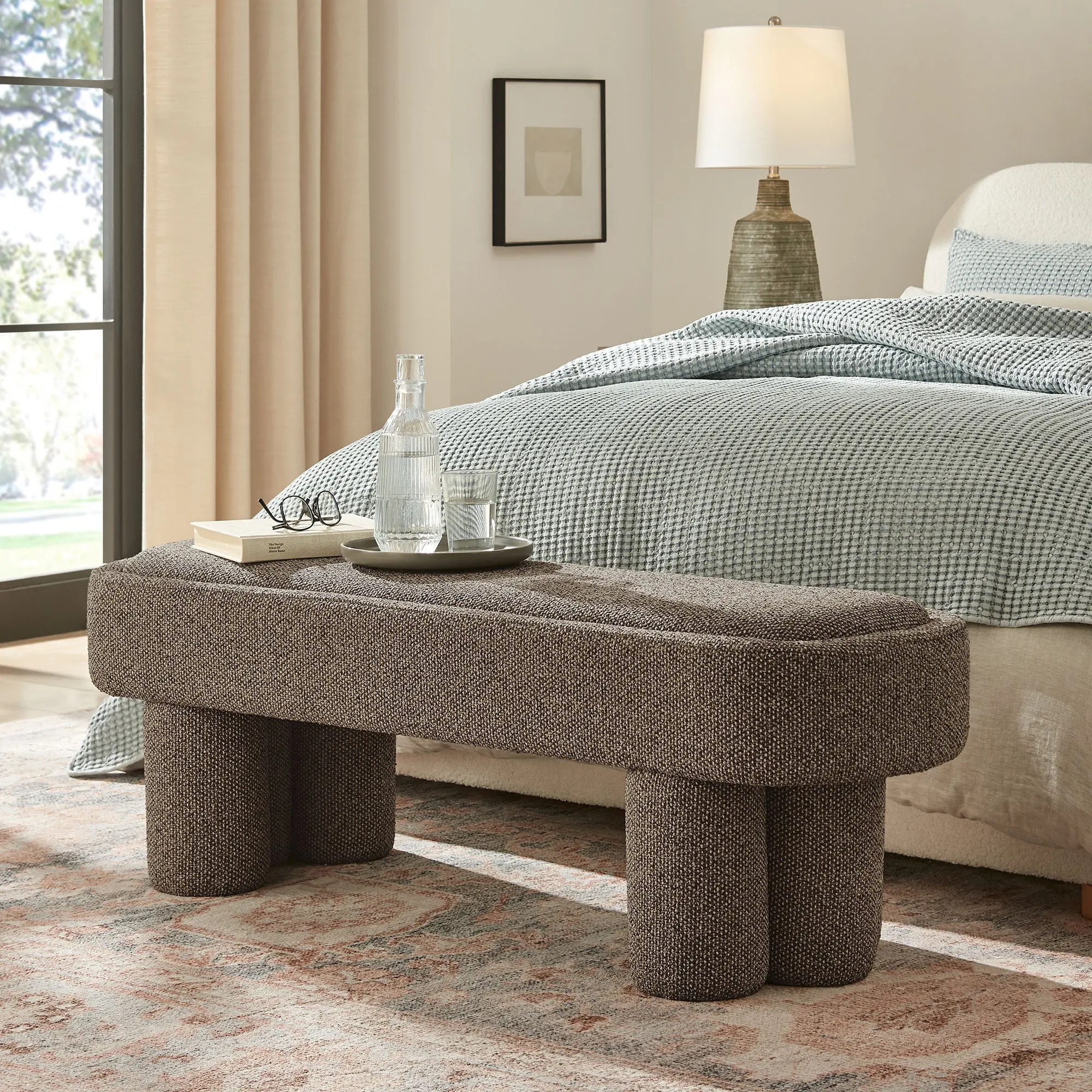 Mossi 52-Inch Oval Boucle Fabric Bench in Earth Mossi 52-Inch Oval Boucle Fabric Bench in Earth