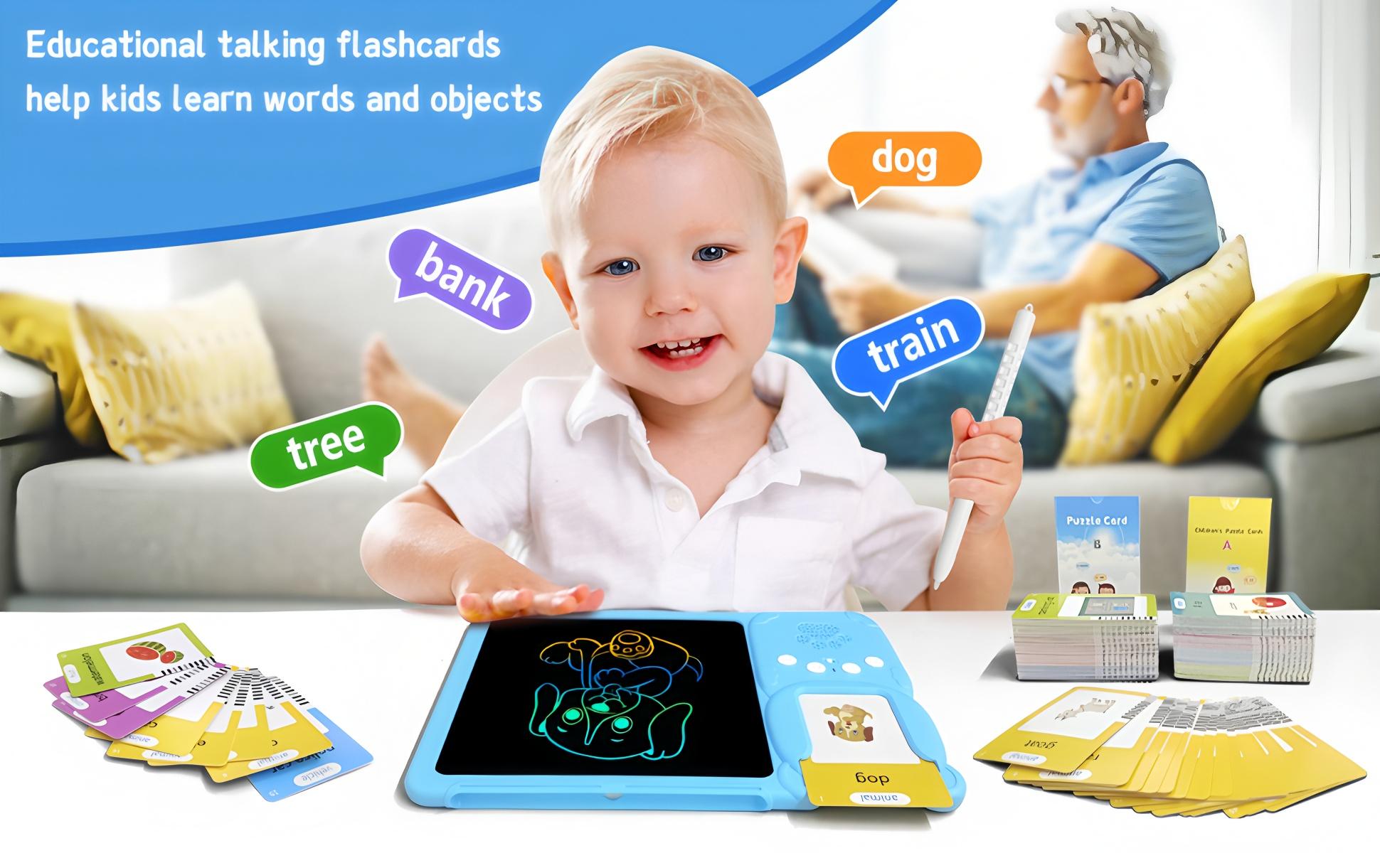 KIDGENIUS 3-in-1 LCD Writing Tablet with Quick Erase Button & 510 Vocabulary Cards for English & Spanish Learning - Ideal Home Tutor & Gift