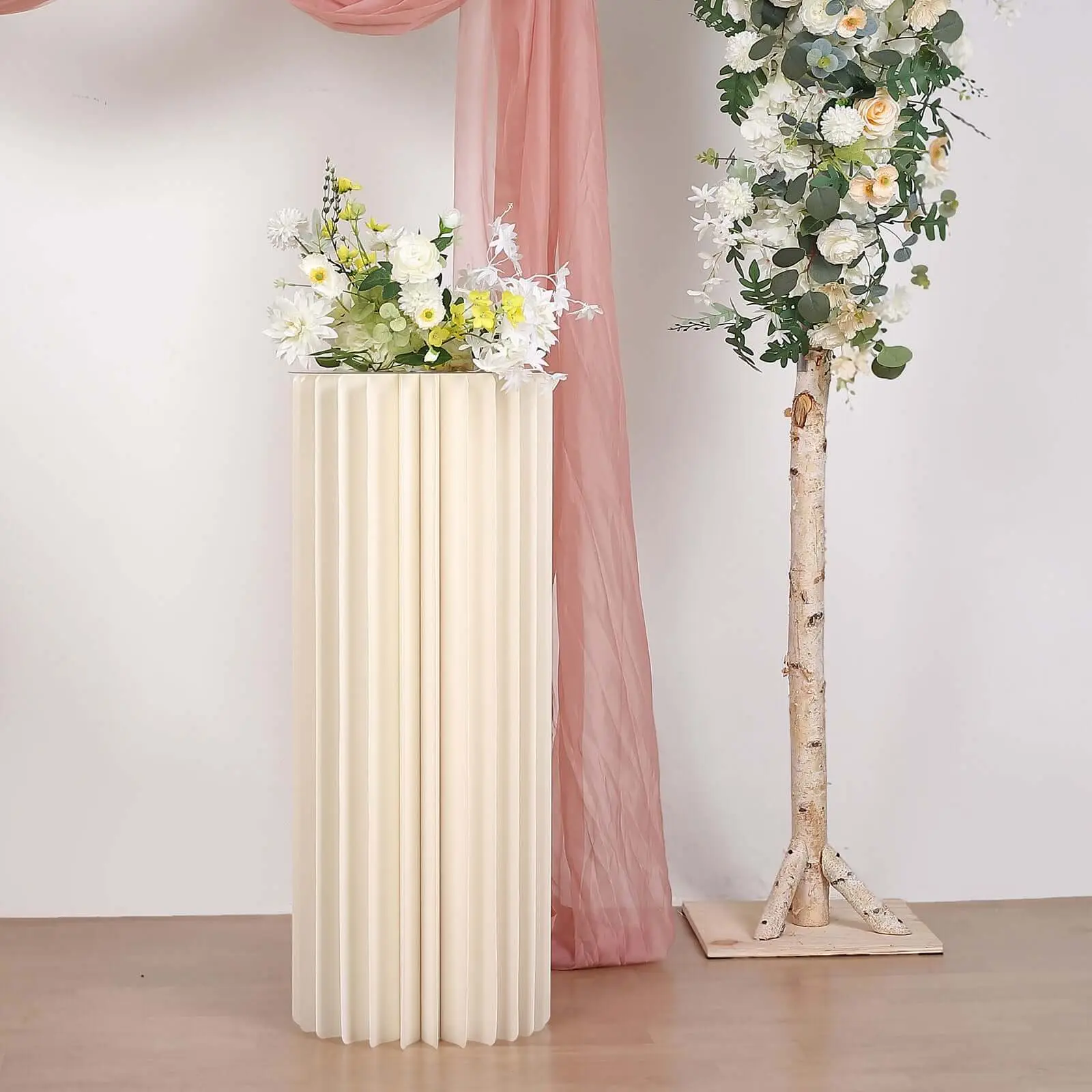 40in Round PVC Ivory Cylinder Pillar Pedestal Stand with Top Plate - Wedding Centerpieces, Event Decoration, Home Supplies Display