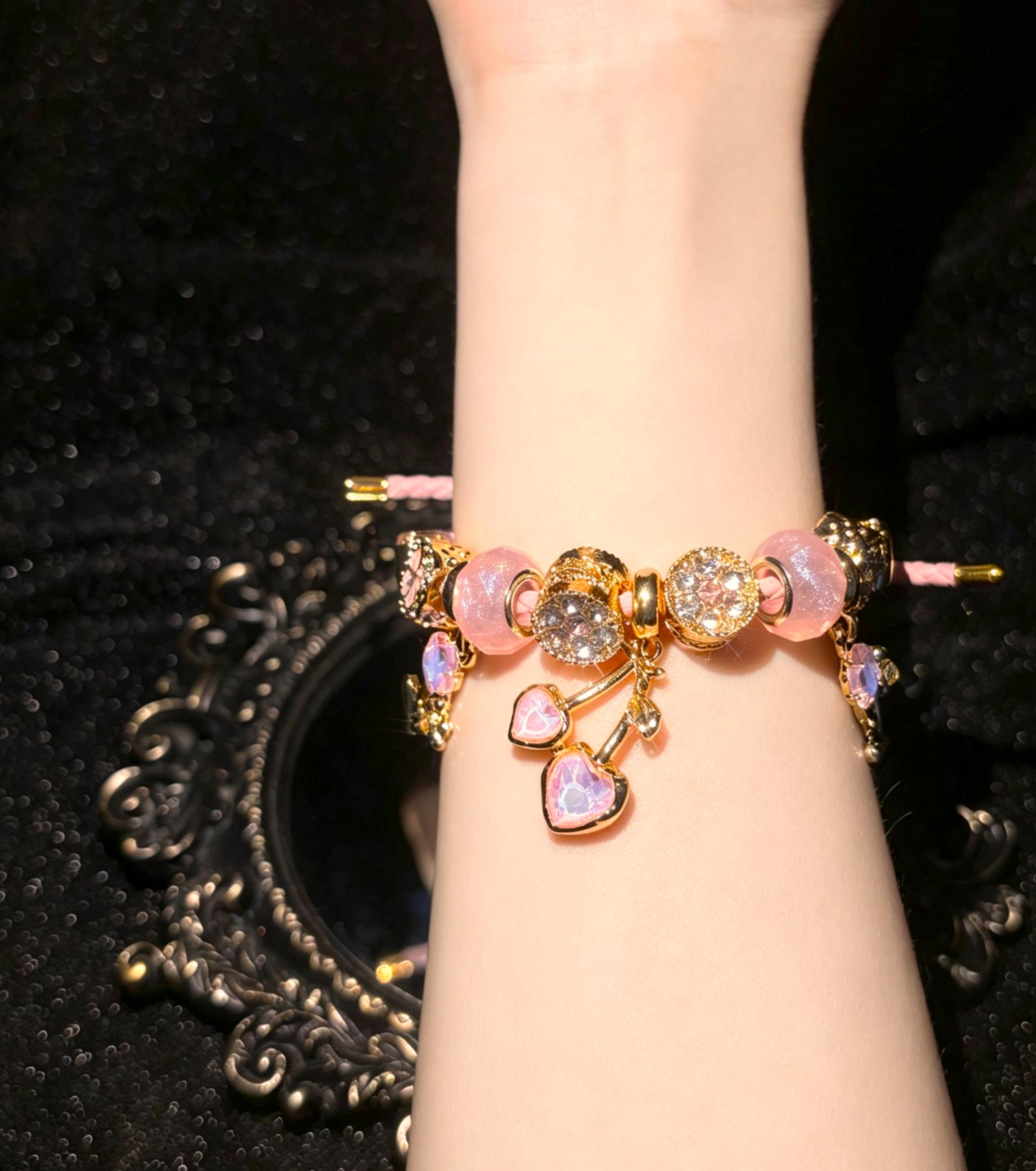 Women's Blush Pink Faux Leather Rope Charm Bracelet - Gold-Tone, Cherry Heart & Flower Crystal Pendants - Sweet Elegant Costume Jewelry Statement Piece