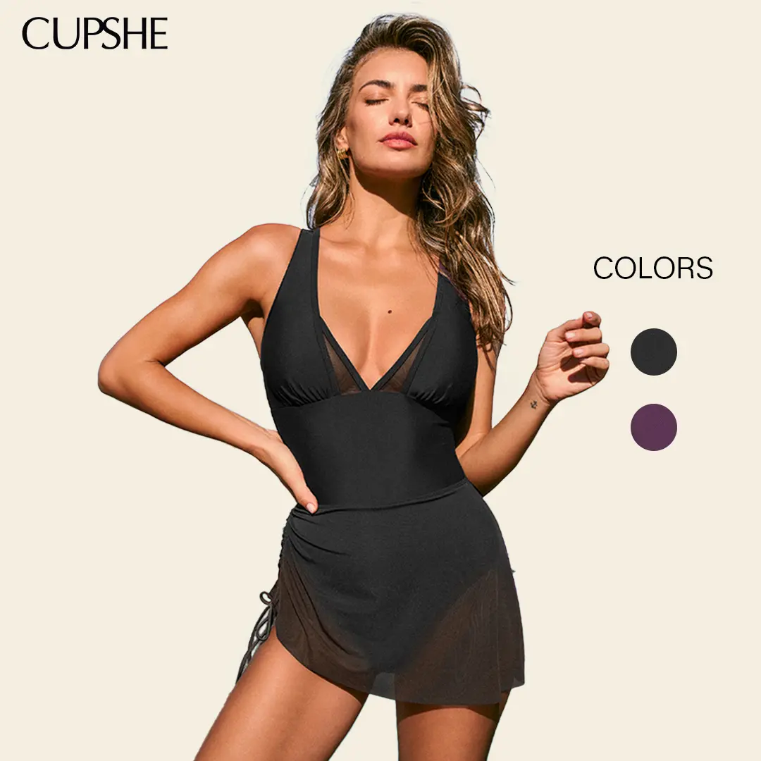 CUPSHE Elegant Mesh One Piece Swimdresses Swimsuit with Tummy Control Ruched Swim Skirt for Beach Vacation #summerfinds