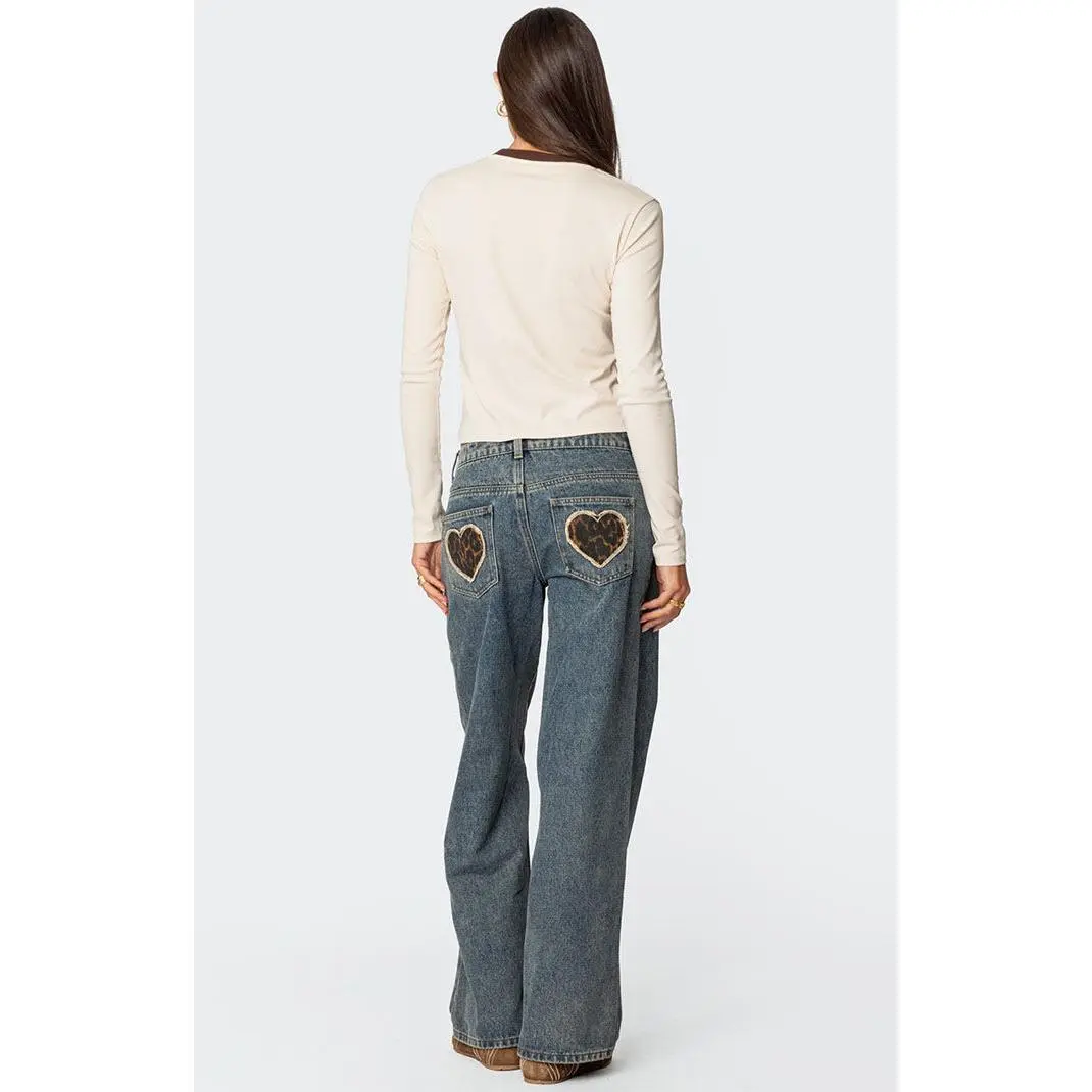 Edikted Women's Leopard Heart Washed Jeans