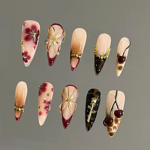 NailVesta VINTAGE CHERRY – 100% Handcrafted 3D Press-On Nails | Reusable, Long-Lasting, Salon-Quality