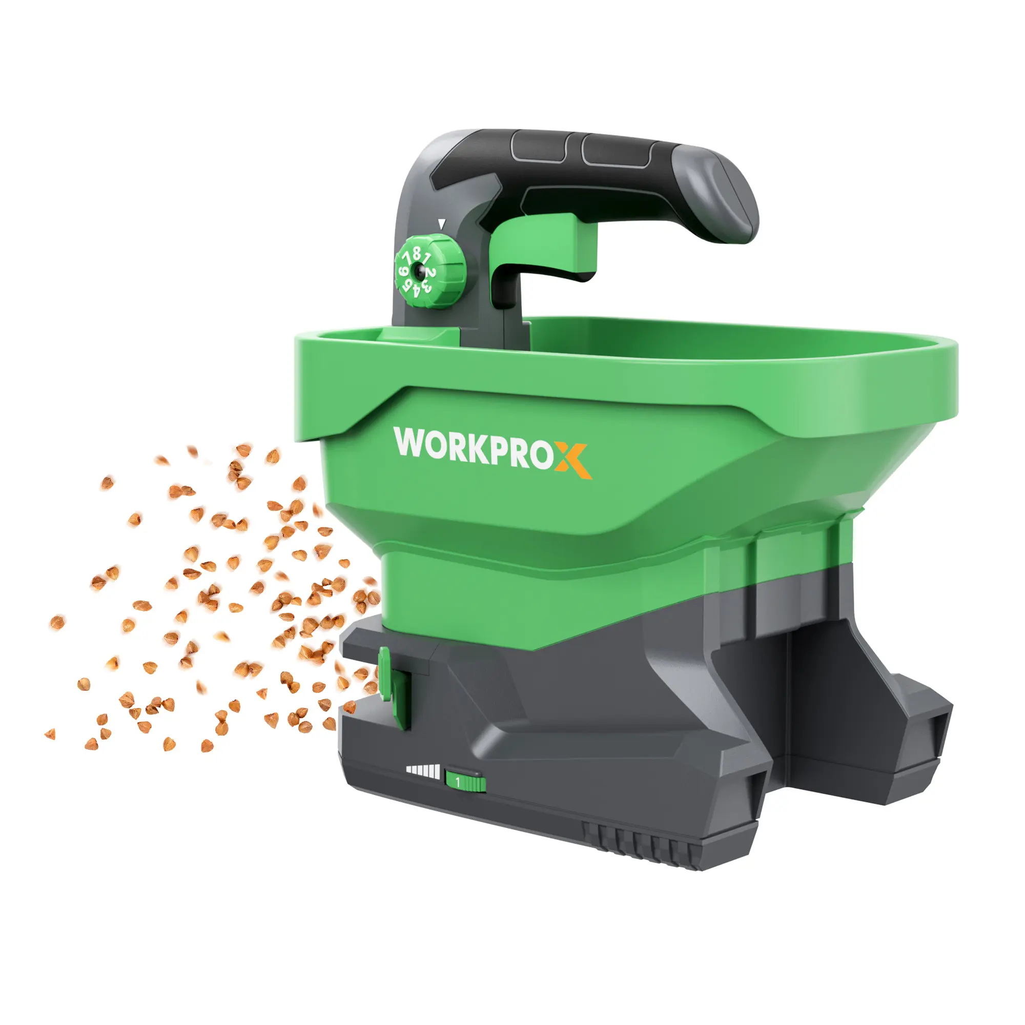 #backtoschool WORKPROX Fertilizer Spreader, Handheld 7.2V Seed Spreader for Salt, De-Icer, Earth Food and Fertilizer, Rechargeable Grass Seed Spreader with 8-Level Settings and Holds up to 6458 sq.ft. of Product