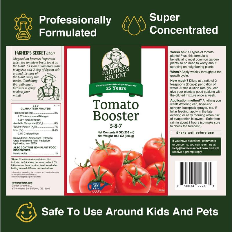 Farmer's Secret Tomato Booster Fertilizer - Super Concentrated - 3:8:7 Ratio Fortified with Humic Acid, Iron and Calcium - Grow More Tomatoes