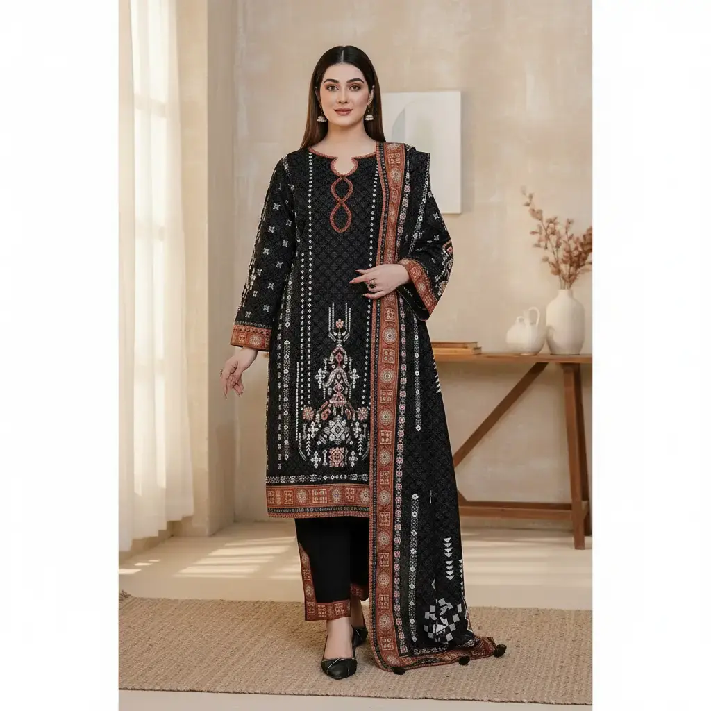 Women's 3PC Printed Stitched Khaddar Suit (KKH-3550) - Women's Clothes Set with Khaddar Fabric, Shirt, and Trouser