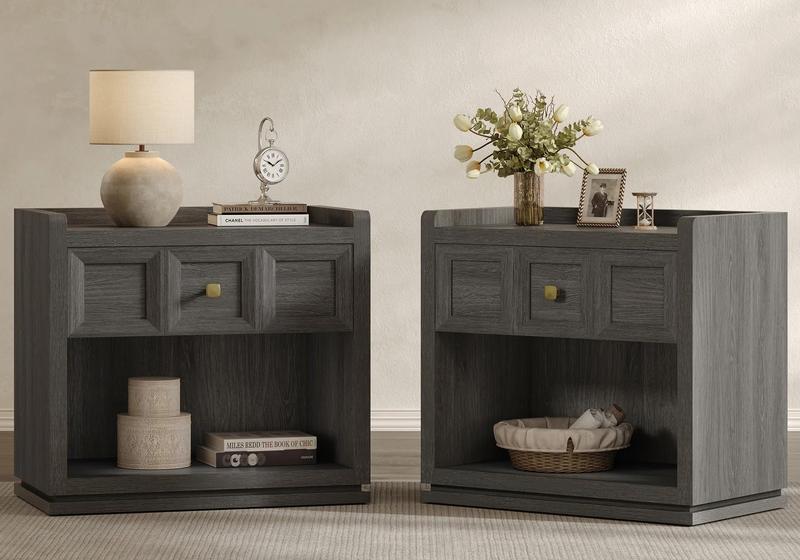 SICOTAS 31" and 26” Wide Nightstands Set of 2, Large Night Stands with Drawer, Oversized King Size Nightstand Bedside Table for Bedroom, Farmhouse End Side Table Set of 2 with Round Corners,Grey White Oak,Durable and Sturdy