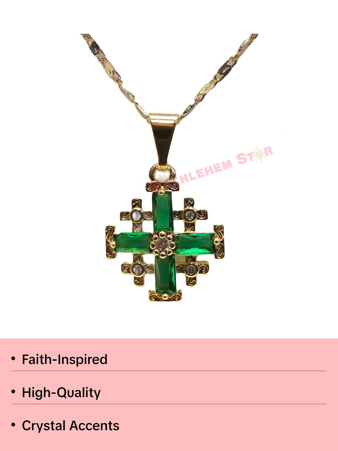 Gold Plated Jerusalem Cross Pendant Green Garnet Crystallized 20" Necklace with High-Quality Materials and Meaningful Symbolism