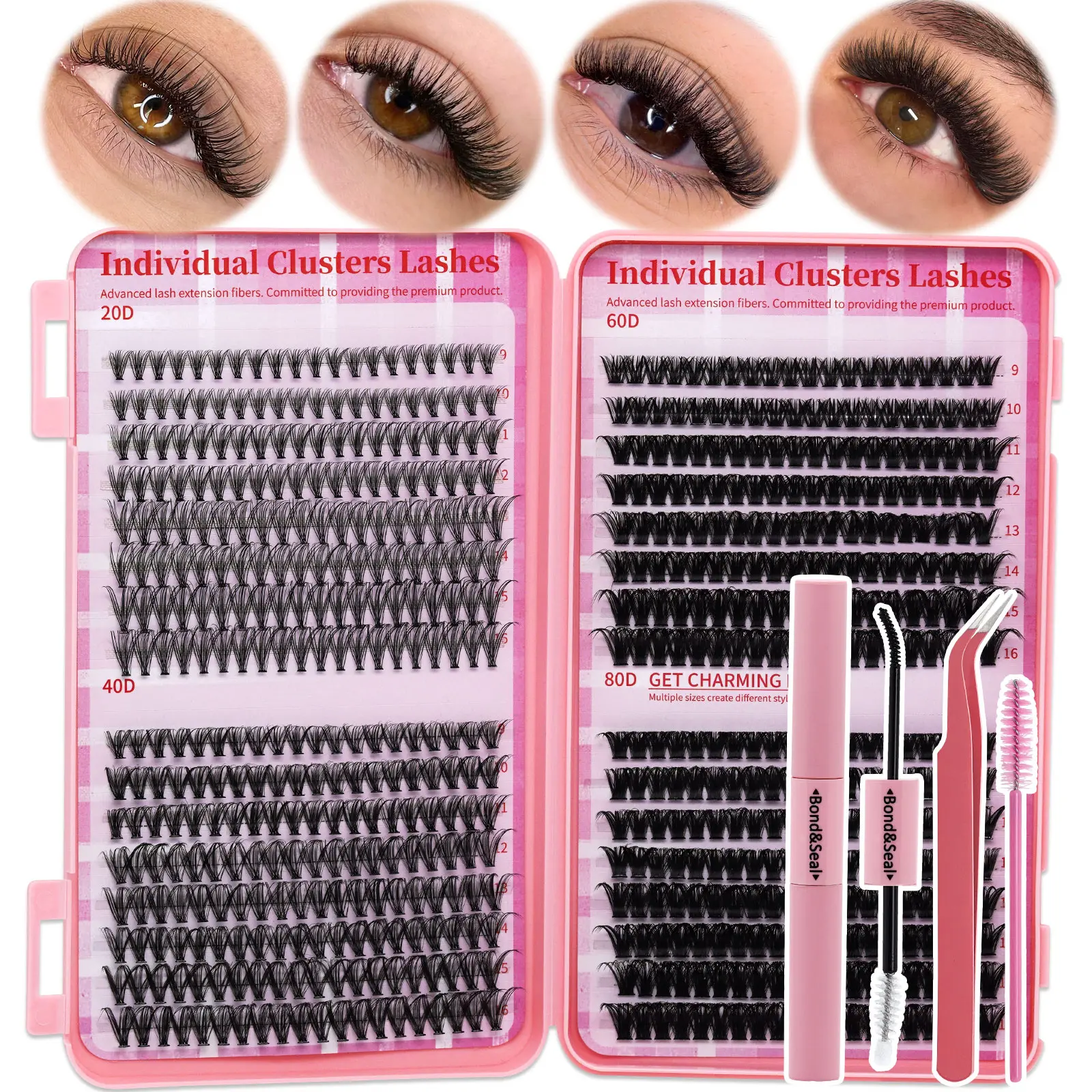 640PCS 20D40D60D80D Cluster Lashes Kit High Capacity Individual Lash Clusters 9-16mm Mixed D Curl Effect Natural Look Wispy Soft And Comfortable False Eyelashes Long-Lasting Individual Lashes Kit With Lash Bond&Seal And Tweezers And Lash Brush,sunscreen