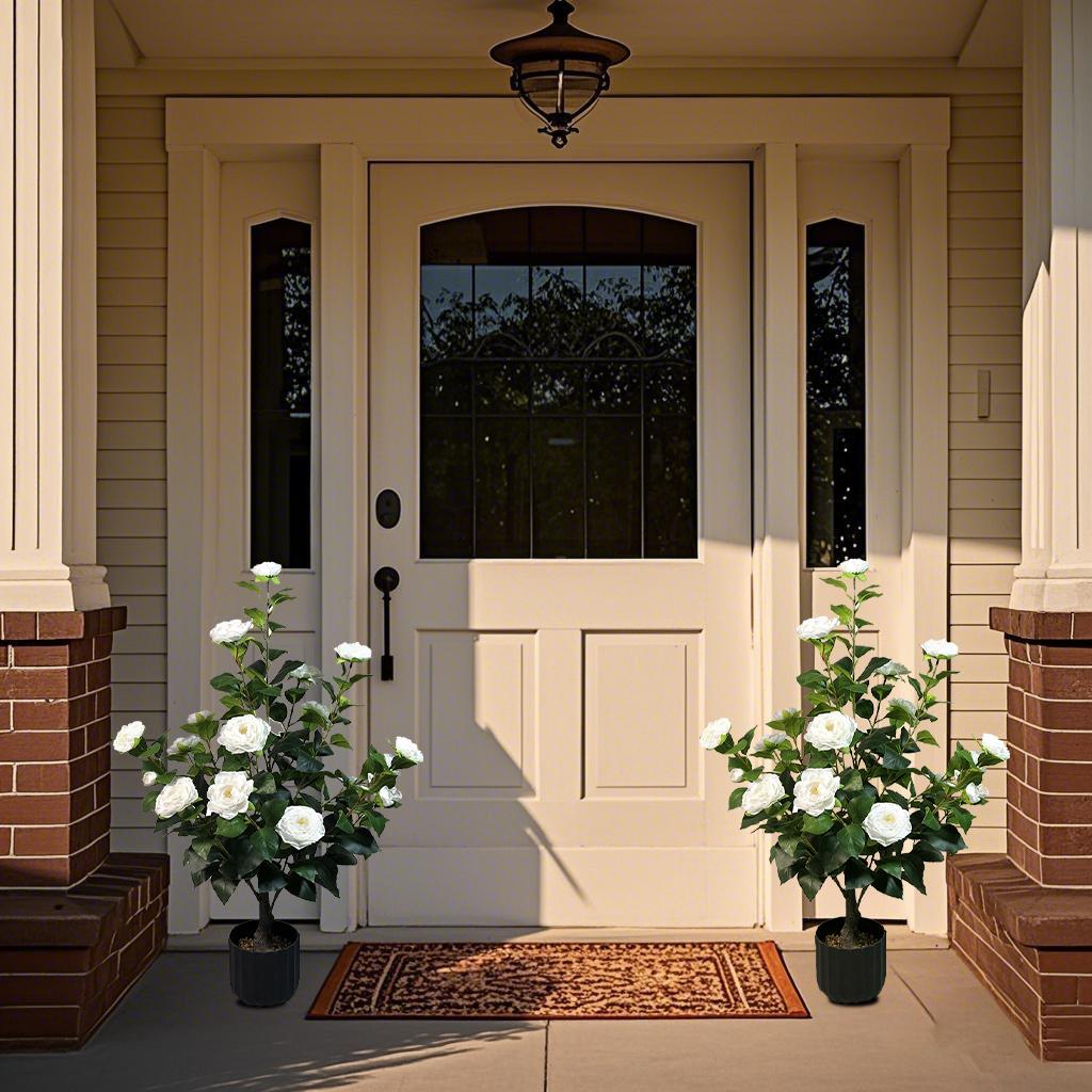 2 pcs of artificial camellia tree with built-in flower pot, 35.43 inch green plant potted plant suitable for indoor, outdoor, courtyard, porch decoration