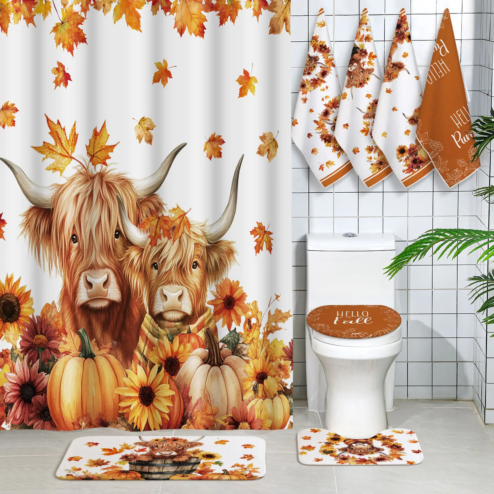 8 Pcs Highland Cow Shower Curtain Set for Bathroom Include Harvest Autumn Hello Fall Gnome Shower Curtain Towels Non Slip Rugs Toilet Lid Cover Pumpkin Bath Mat and 12 Hooks for Thanksgiving Farmhouse Fall Bathroom Decor