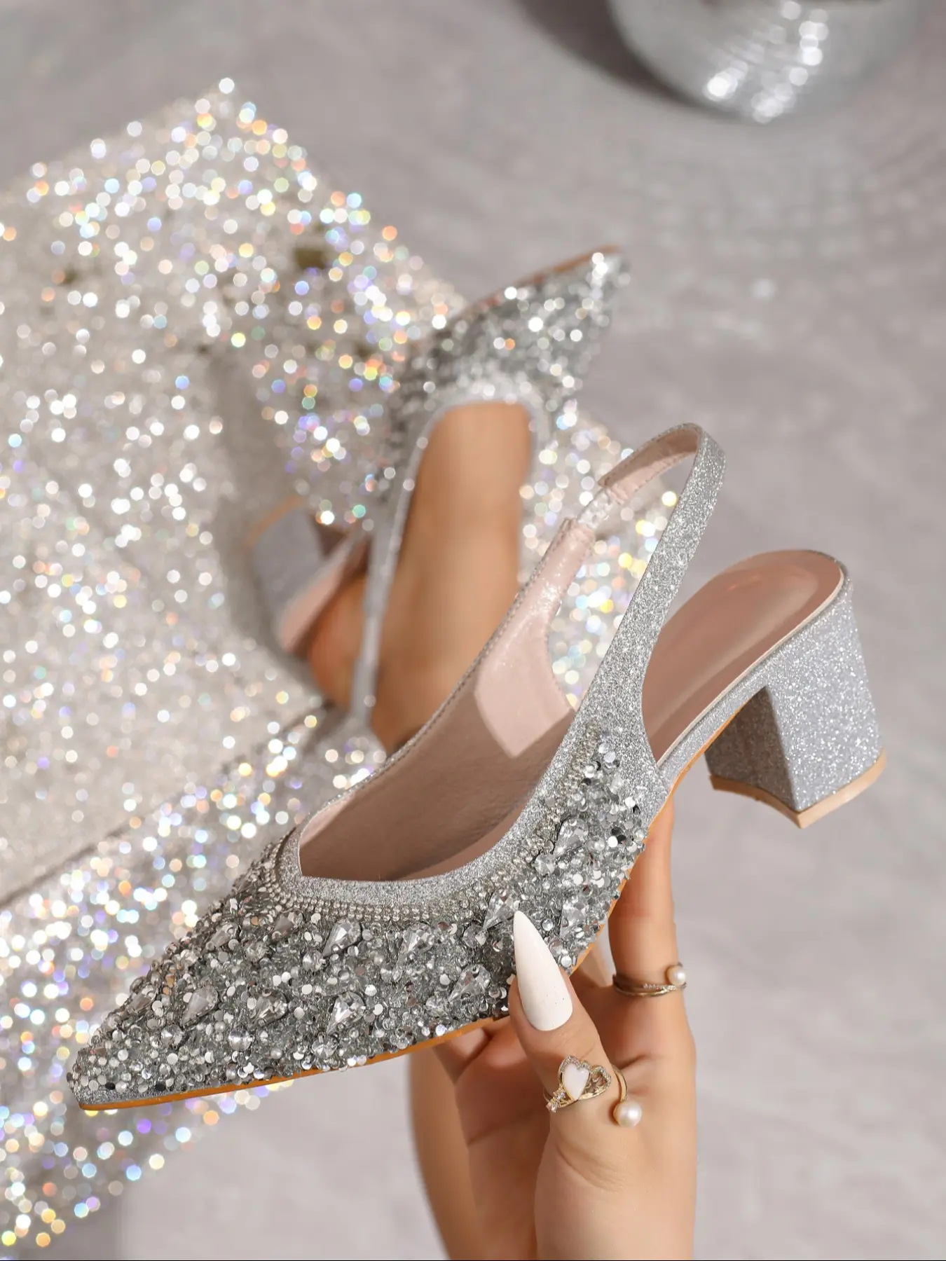 Women's High Heel Single Shoe, Shiny Rhinestone Decorated, Comfortable Elegant High Heel Sandal, Pointed Toe Elastic Band Back Sandals, Glitter Heeled Sandals, Elegant Party Shoes, Fashionable Glitter Sandals, Embellished Sandals