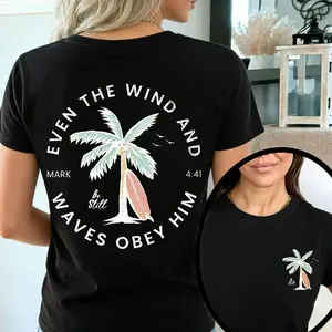 Christian Bible Verse Pattern T Shirt, Beachy Backprint Tops, Trendy Coconut Tree Shirt Unisex Tee Teen Baptism Gift Ocean Inspired Style Casual Graphic