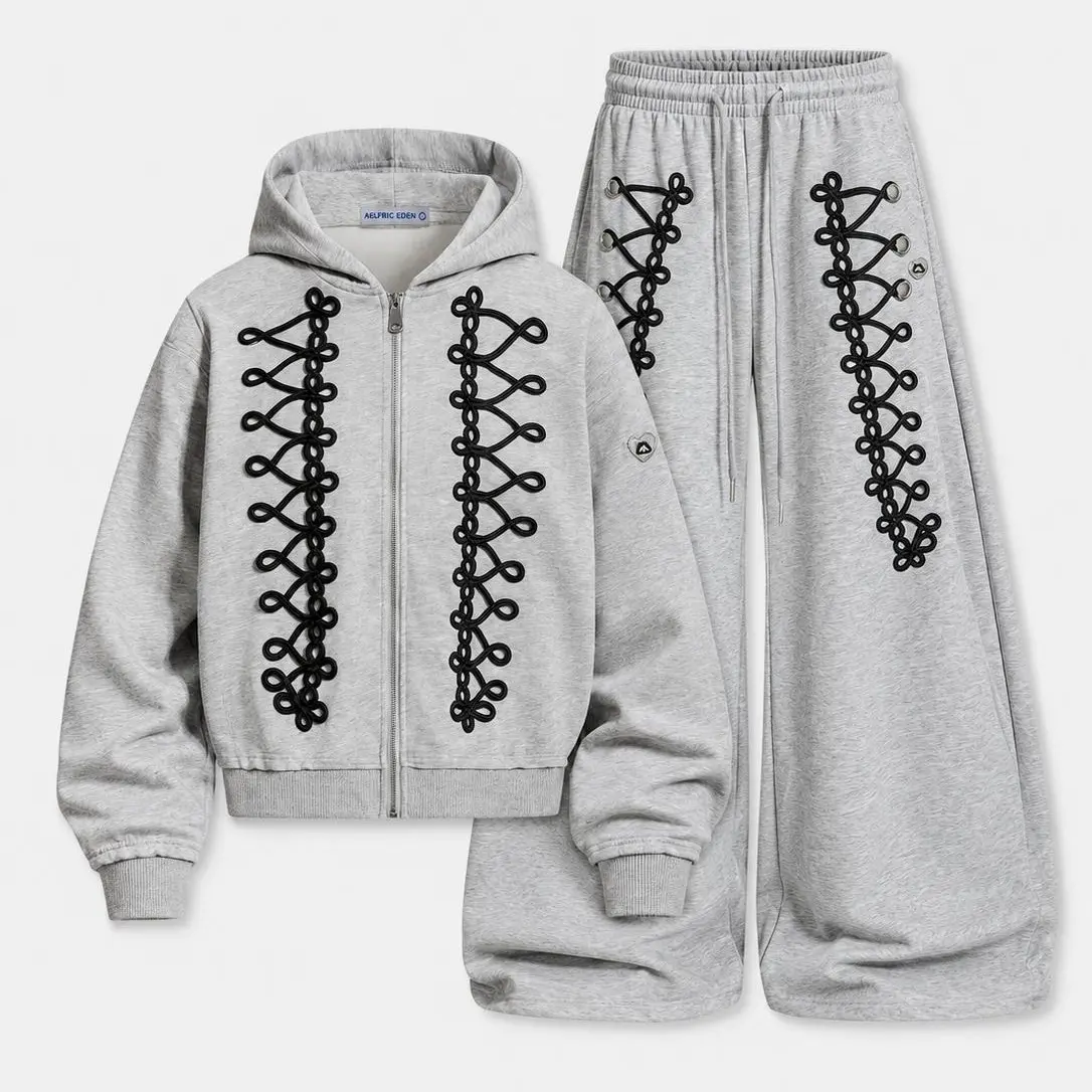 Aelfric Eden Menswear 2-Piece Casual Polyester Streetwear Set - Long Sleeve Lace-Up Embroidery Cropped Zip-Up Hoodie, Baggy Barrel Sweatpants, Ribbed Hem, Corset-Inspired Details, Handcrafted Chinese Knot, Unisex Design