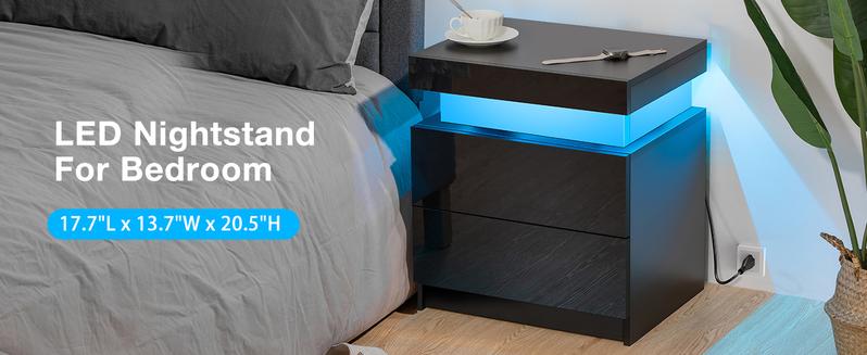 HOMMPA LED Nightstand Black Night Stand with Led Lights Modern Nightstand with 2 High Gloss Drawers, Bedside Table Smart Bed Table for Bedroom 20.5” Tall