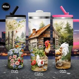 1pc 40oz Rural Farmhouse Rooster Tumbler with Lid and straw, Winter Insulated Travel Mug, Gift for Women Men, Ideal for Valentine's Day, Birthday Gift, Coffee Cup for Office