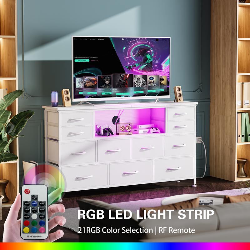 Aowos 11 Drawer Dresser, Dressers for Living Room TV Stand with Power Outlets LED Lights, TV Stand Dresser, Fabric Drawer, Chest of Drawers  Dresser TV Stand for up to 32''- 55" TV, for Bedroom
