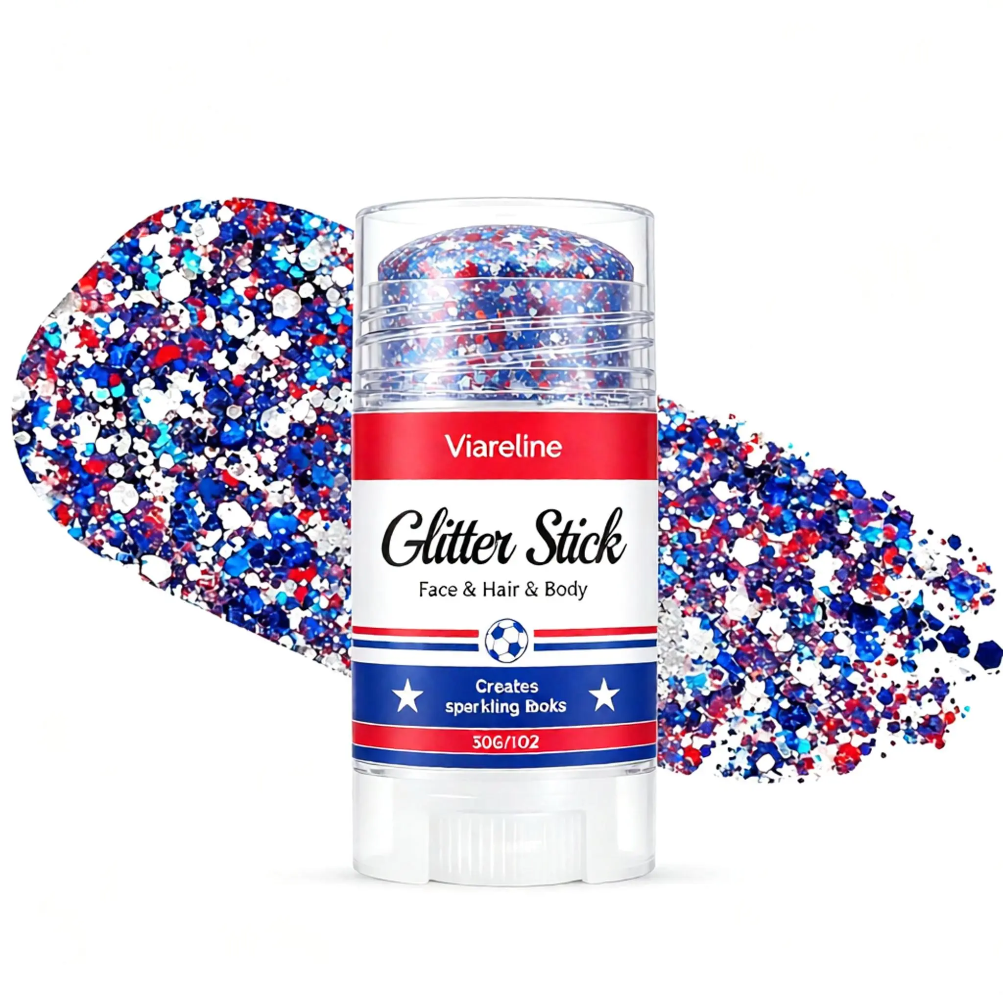 Body Glitter Stick - 30g Patriotic Red White & Blue, Waterproof Long-Lasting Glue-Free Cream, Skin-Brightening Twist-Up Design, 1 Piece (Beauty & Personal Care Highlighter), Sparkly