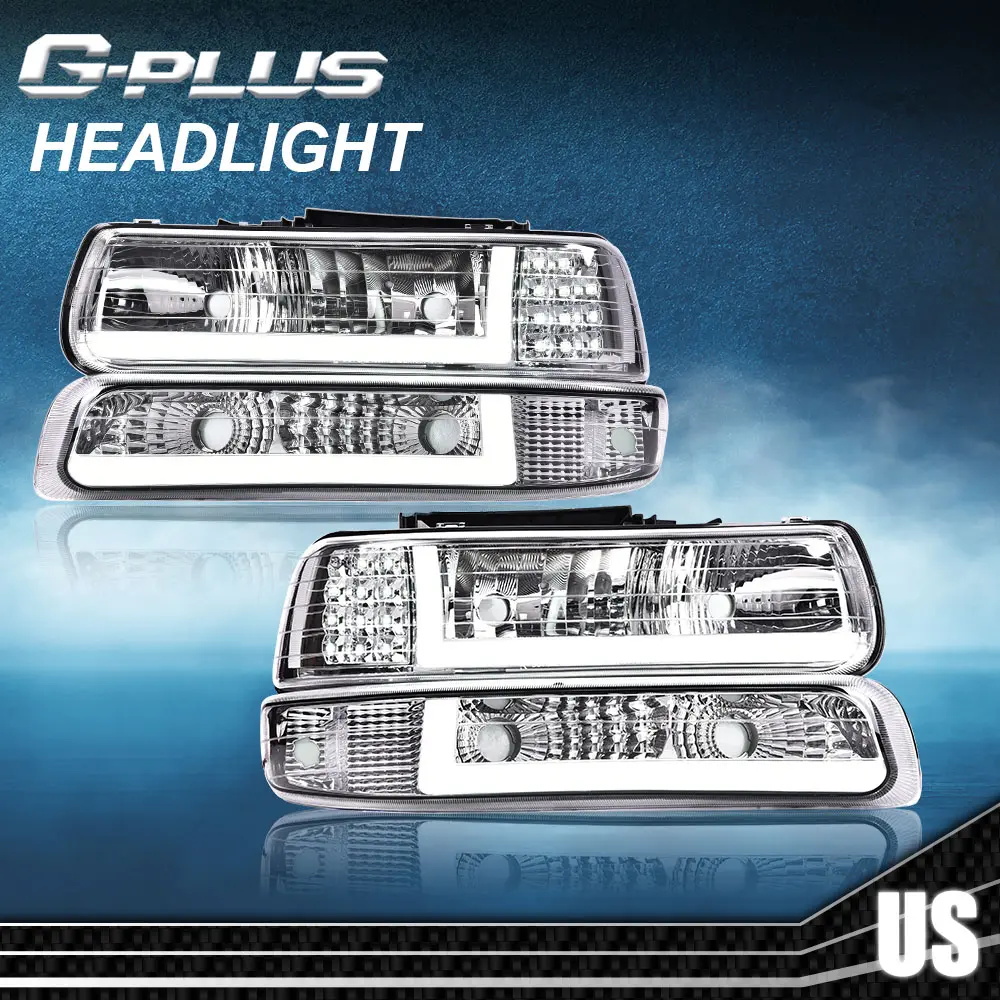G-PLUS Polycarbonate LED DRL Headlamp Assembly Pair Set - Chromed Housing, Signal Bumper Lights, Dark-to-Brightening Function, Waterproof, Vibration Tough, Headlight Replacement for 1999-2002 Chevy Silverado, 2000-2006 Tahoe Chevy Trucks