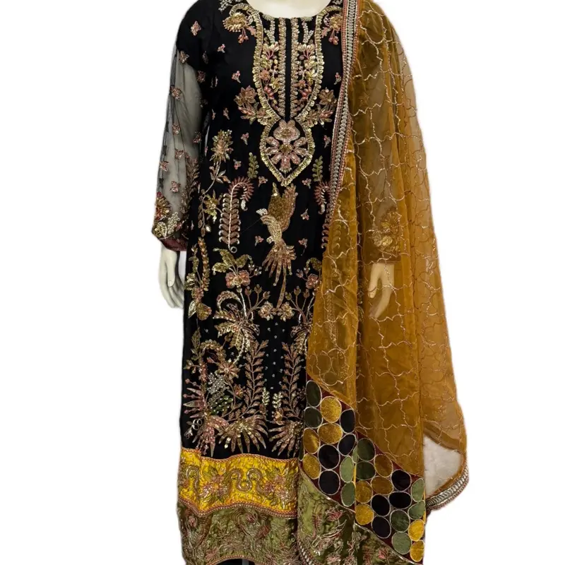 Indian Long Punjabi Suit Handmade with Beautiful Work Black Embroidered Dress with Gold Dupatta