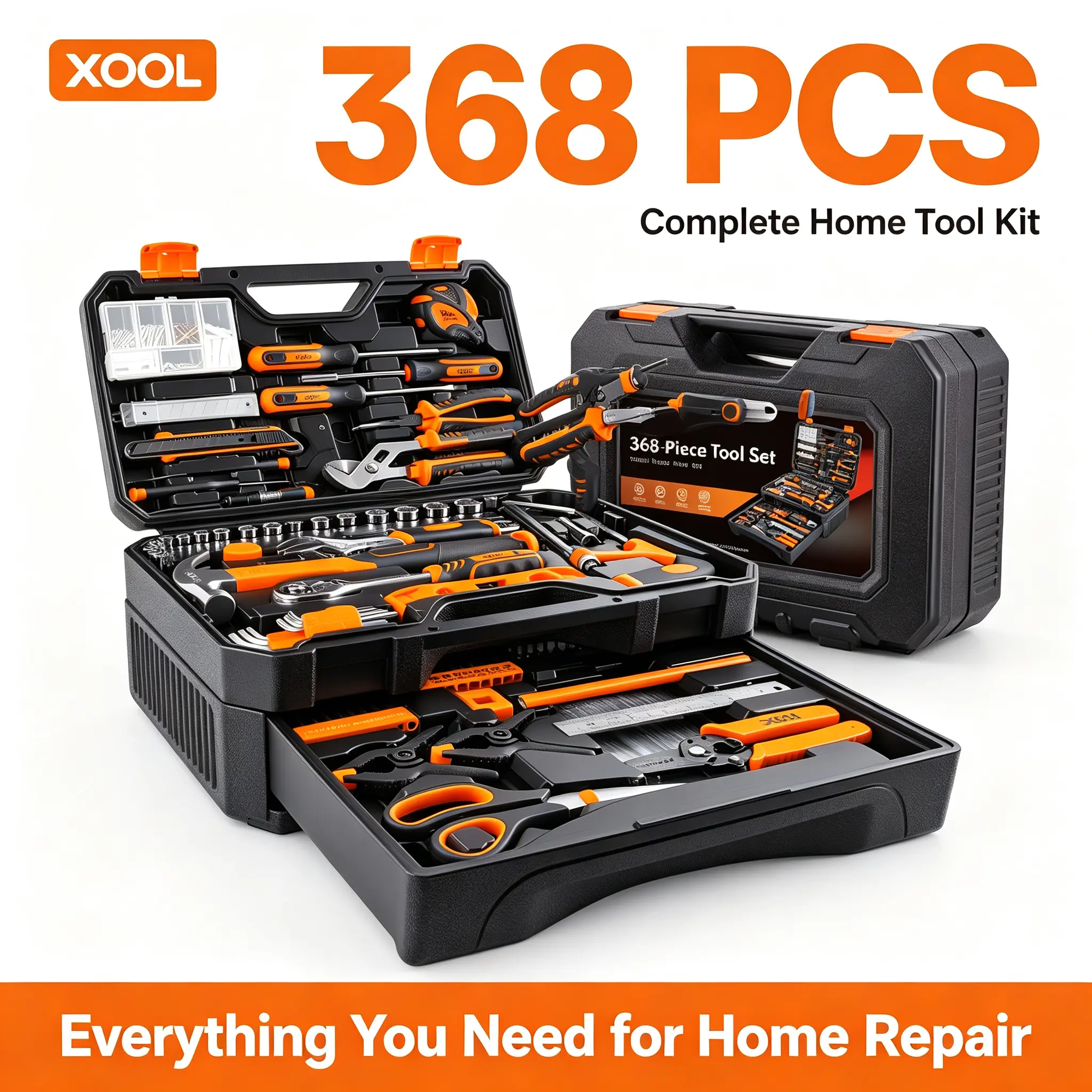 XOOL 368-Piece Multi Tool Kit with Drawer Storage, Household Tools Set, Portable Mechanics Kit for Garage Repair, DIY Projects, Mechanics Tool Kits