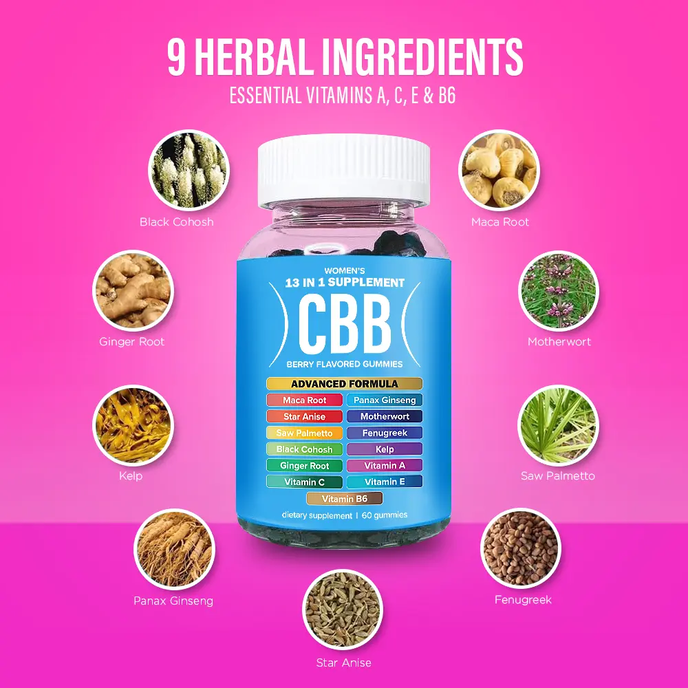 CBB All-In-One Women's Wellness Gummies | 9 Herbal Ingredients + Vitamins A, C, E & B6 | The Daily Gummies Worth the Hype  |  Berry Flavor | One Month Supply | 60 Gummies