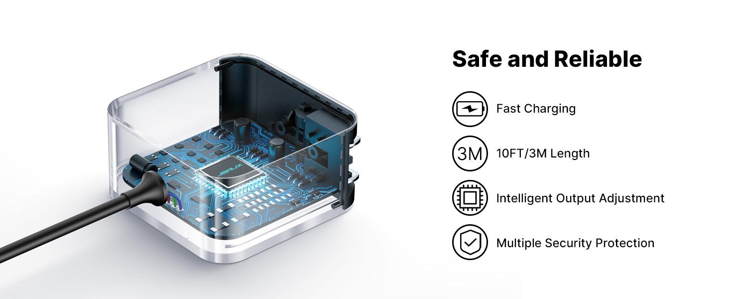 JSAUX 65W USB C Charger with 10FT Cable, Fast Wall Charger for ROG Ally, Steam Deck, MacBook Pro/Air, Chromebook, Huawei Matebook, Dell, Lenovo, ASUS, and more.
