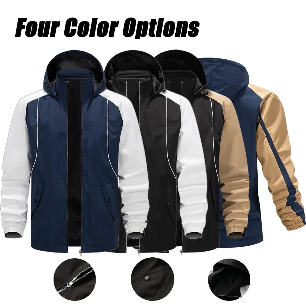 Color-block contrast piping zip-up hooded windbreaker jacket for men — American street style, clean straight cut, outdoor commuting, functional outerwear