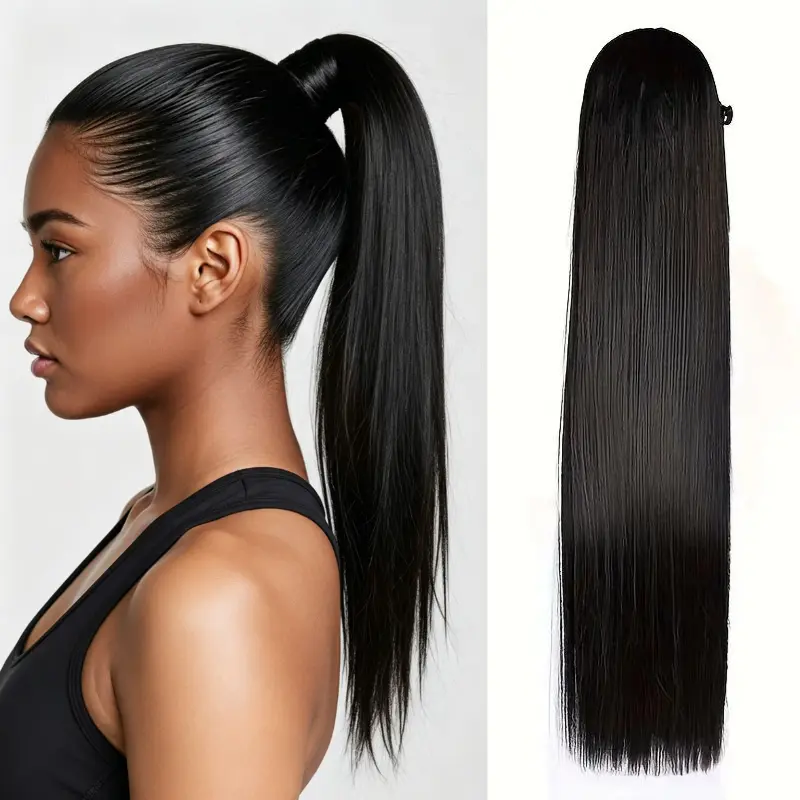 RW Human Hair Drawstring Ponytail Extension - 120g High Flexibility Bubble Band Secure Wrap-Around, Silk Straight/Kinky Straight/Water Wave Styles for Black Females, Hair Weave Extensions (Valentine's Day, #summervibes)
