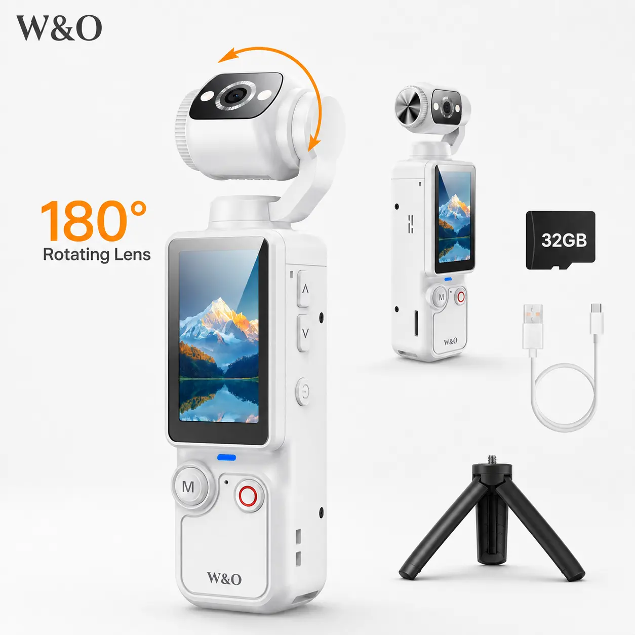 W&O Q7 Portable Vlogging Camera with 180° Rotating Lens, Autofocus, 1.9" Screen, 32GB Memory Card and Mini Tripod, USB-C Rechargeable Handheld Digital Camera for Travel, Selfies and Daily Recording,back to school,back to school haul