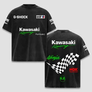 Retro Formula Kawasaki Ninja Racing Acid Washed T-Shirt, Motor World Champion Enthusiast, Apparel Streetwear Racing Team, Energy Drink Motorcycle Clothing, Motobike Riders Supermotor Off-Road Dirt Bike Fan Gear Cotton For Motor Fan