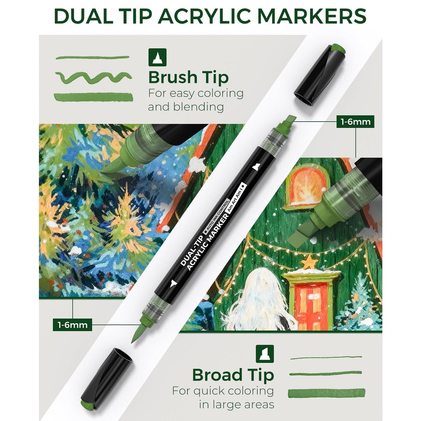 JusArt 36/60 Colors Automatic Ink Control Acrylic Paint Markers Dual Tip with Broad Tip and Brush Tip Pens for Ceramic, Wood, Canvas, Glass, Stone, Fabric, Rock Painting, DIY Crafts Art Supplies Kit