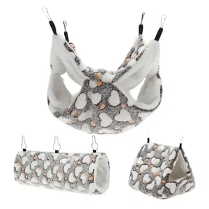 VOCOSTE Ferret Hammock, Small Pet Cage Accessories, Ferret Bed, Pet Cage Hammock Hanging Tunnel and Bed Hideout Set for Hamster Squirrel Rabbit, Brown, 3Pcs