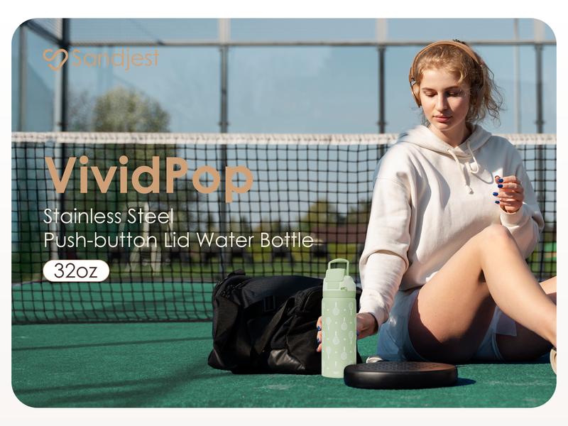 Sandjest 32oz Water Bottle with Push-button Lid, Vacuum Stainless Steel Insulated Drinkware, Travel Outdoor Sports Camping Birthday Christmas Gift