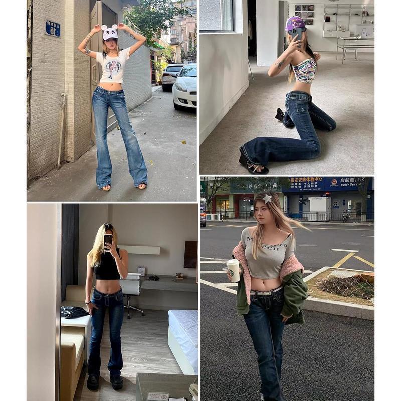 Women's Denim Fashion Versatile Comfortable Casual Flare Leg Jeans - Y2K 90s Low Rise Vintage Pants