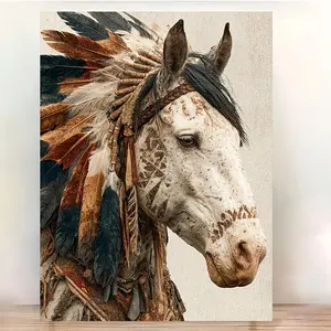 2D Flat, [2D Flat] 1pc Native American Horse Art with Frame- 12x16 Inch Rustic Western Canvas Wall Decor, Tribal Feather Headgear& Detailed Mane Artwork, Farmhouse Style Living Room Decor, High-Quality Printed Canvas, Western Home Decor, 2D Flat	