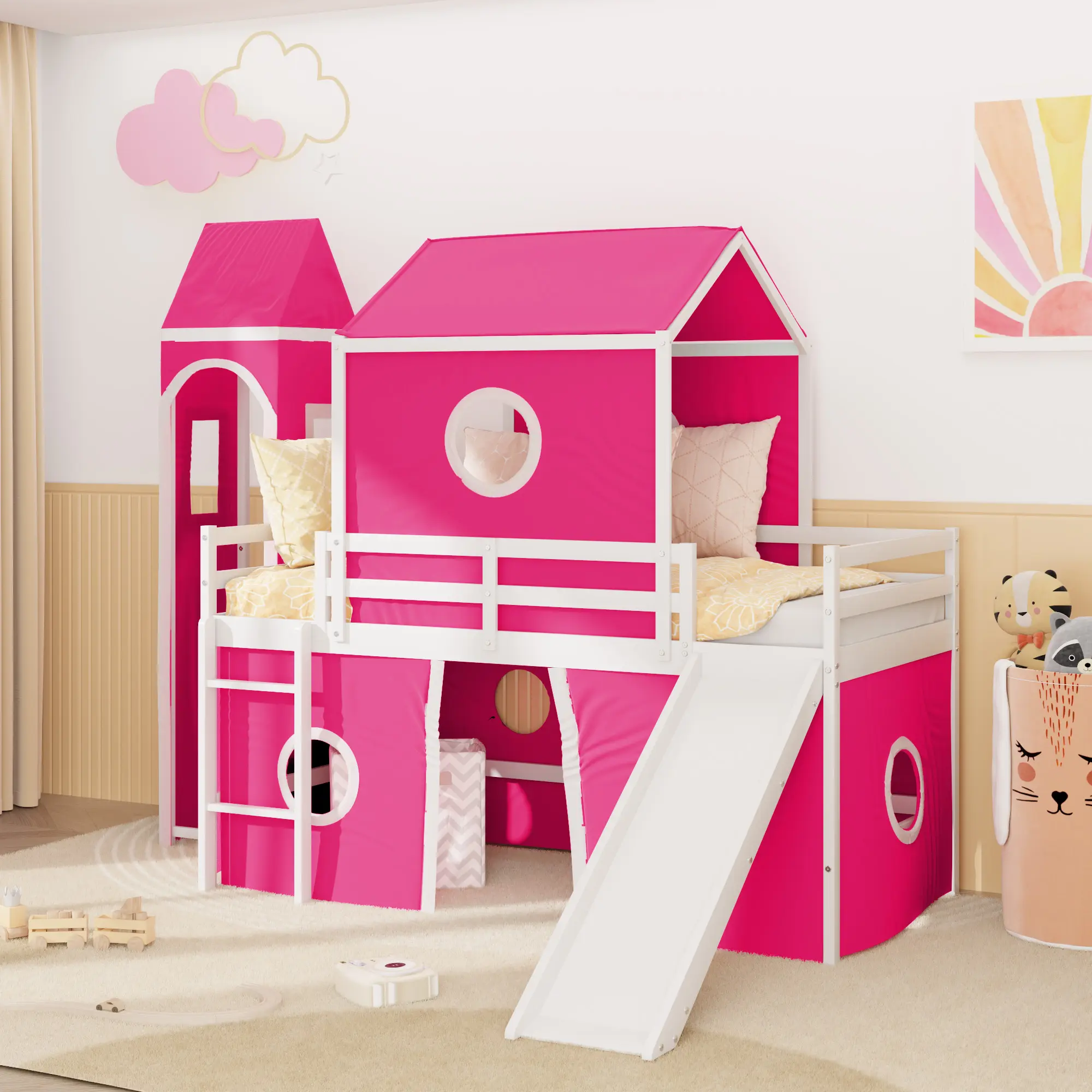 Dreamzon Twin Size Loft Bed - 78"l x 79.7"w x 74.8"h, 97.62 lbs, Castle Elements, Slide, Pink Tent, Tower, Indoor Use, Assembly Required (OLD SKU:WF532001AAH)