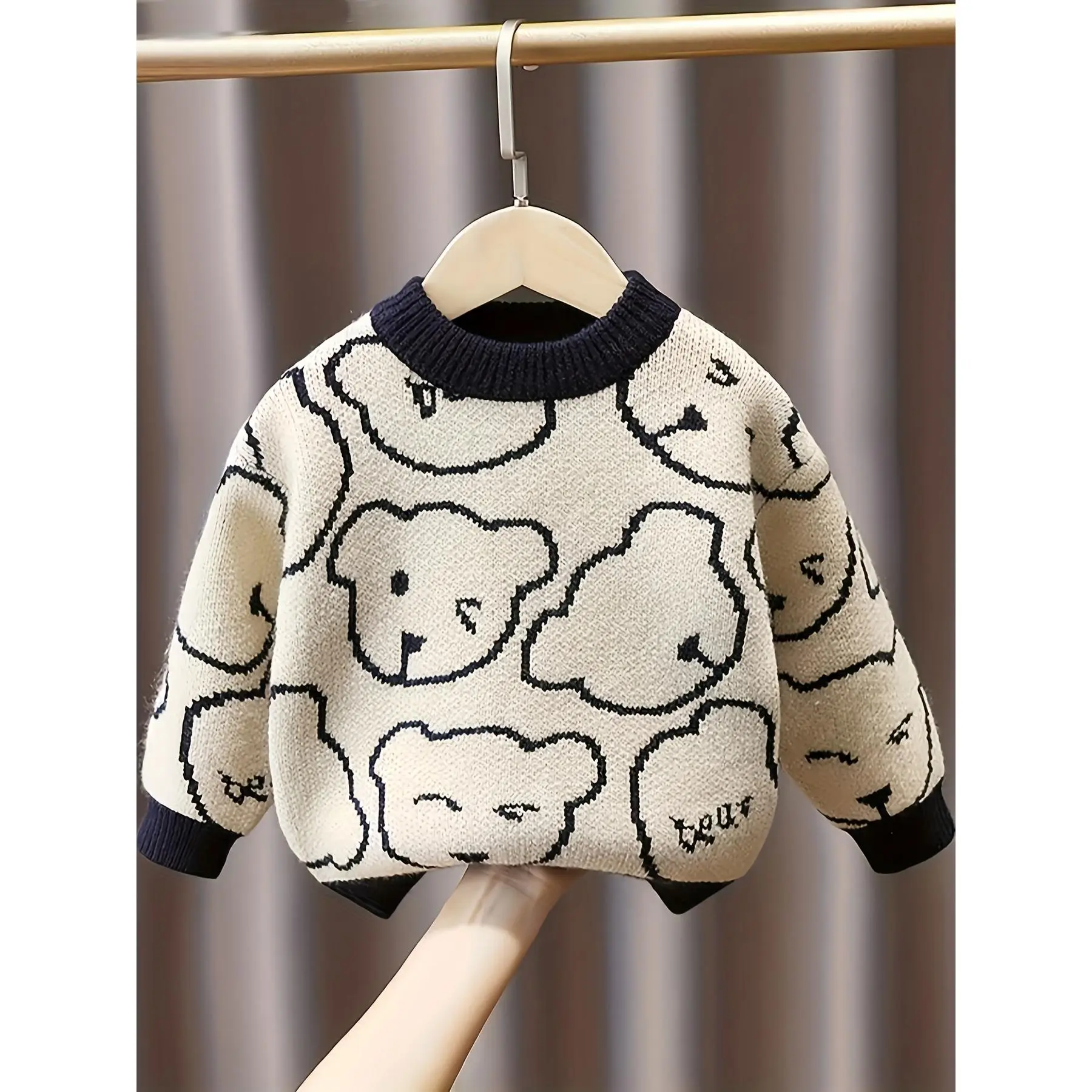 Boys' Slim Fit Knit Sweater with Playful Bear Face Pattern - & Navy Blue Round Neck Pullover for Autumn/Winter, Hand Wash Only, Boy Sweater, Cozy Autumn Apparel, Cute Animal Design, Quality Knitwear, Cold Weather Clothing, Casual Kids Wear, Durable Kids C