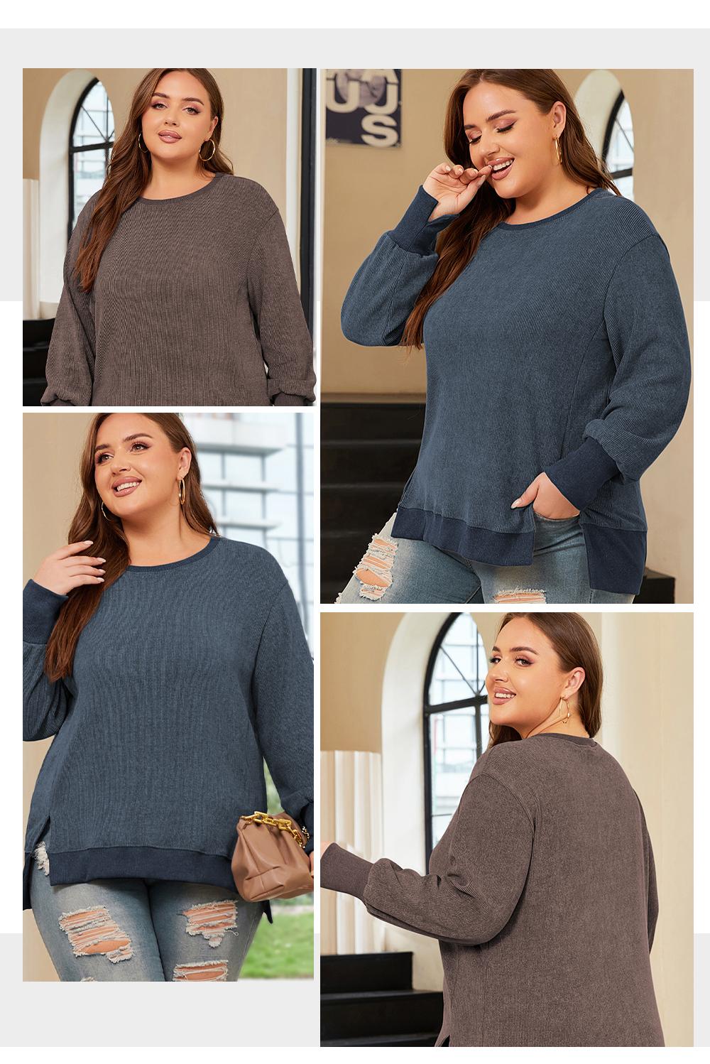Aleumdr Women's Plus Size Casual Cozy Sweatshirt, Classic Crewneck Long Sleeve Pullover Top with High-Low Slit Hem, Crewneck Classic, Longsleeves, Round Neck