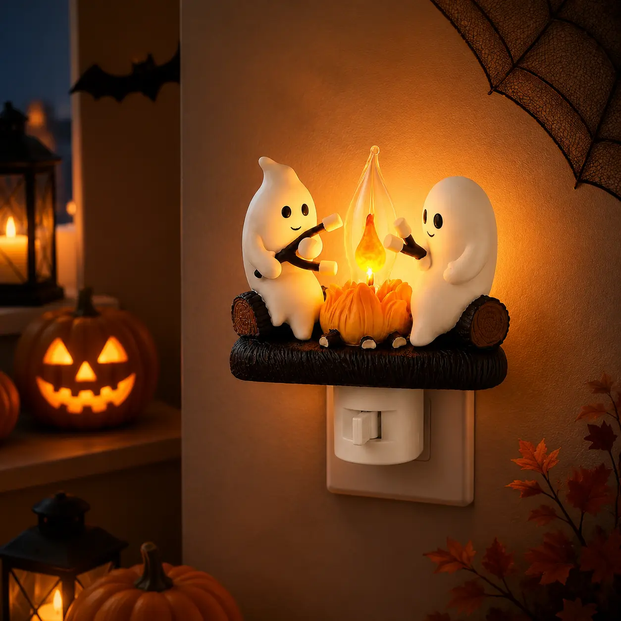 Ghost Campfire Night Light，2026 Ghost Campfire Flickering Nightlight, 3D LED Small Faux Campfire Night Light, Funny Halloween Nightlight Indoor Decorations, Spooky Halloween Decor, Halloween Party Decorations, Halloween Gift