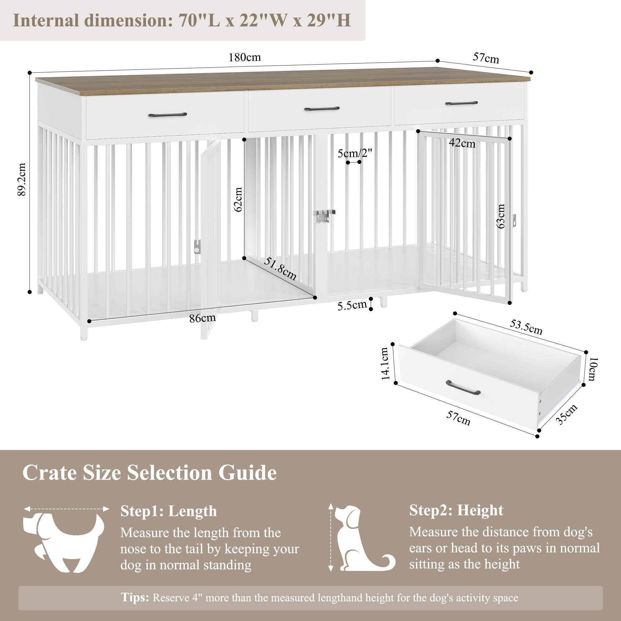 HOSTACK Double Dog Crates Furniture, 71" Wide Indoor Dog Kennel with 3 Drawers, Farmhouse Dog Cage for 2 Large/Medium Dogs with Removable Divider, Wooden Pet House