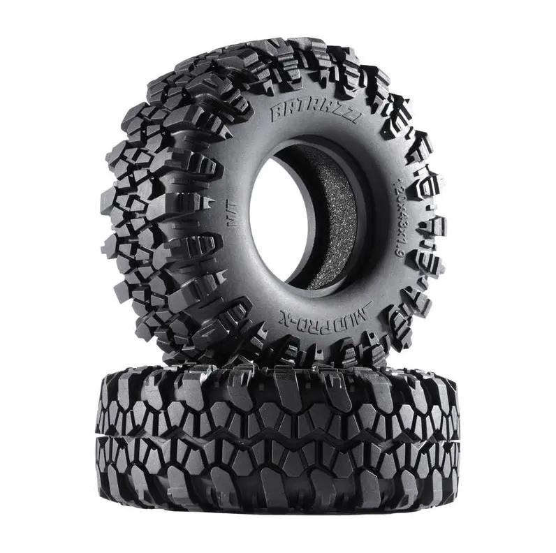 BATRAZZI Rubber Mud Pro-X M/T Tires, 2 Pcs, 120*43mm 1.9” Size - Off-Road Accessories for 1/24 and 1/18 Scale RC Crawlers, No