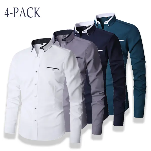 Men’s 4-Pack Slim-Fit Plain Collared Oxford Shirts - Wrinkle-Free, Button-Front, Long-Sleeve Casual Professional Tops for Office Outings, Chic, Year-Round Wear, Wardrobe Staples, Office Attire