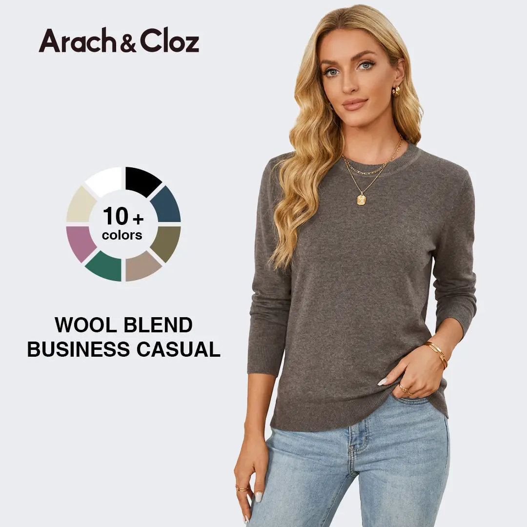 Arach&Cloz Women Fashion Wool Blend Sweater 2026 Long Sleeve Crew Neck Business Casual Pullover Tops Trendy Outfits