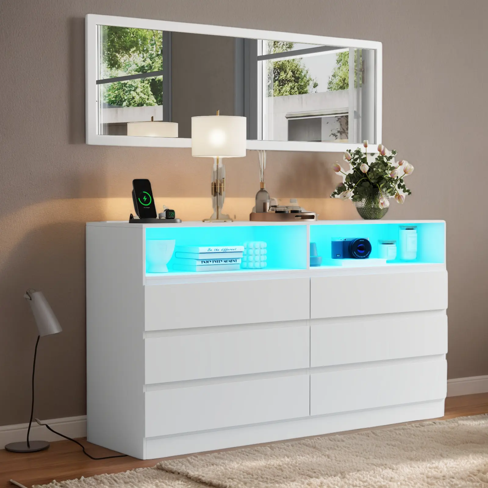 Loomie 6 Drawer Dresser with Full Length Mirror 48"x16" ,Modren Dresser with LED Light and Power Outlet,White Storage Dressers Modern Apartment Furniture